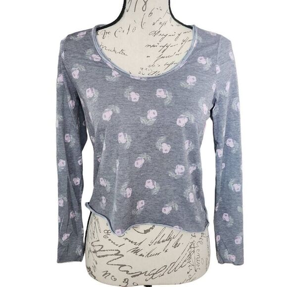 Chaser Ladies Soft Gray Long Sleeve Floral Print Crop Top - Size Small - Picture 1 of 6